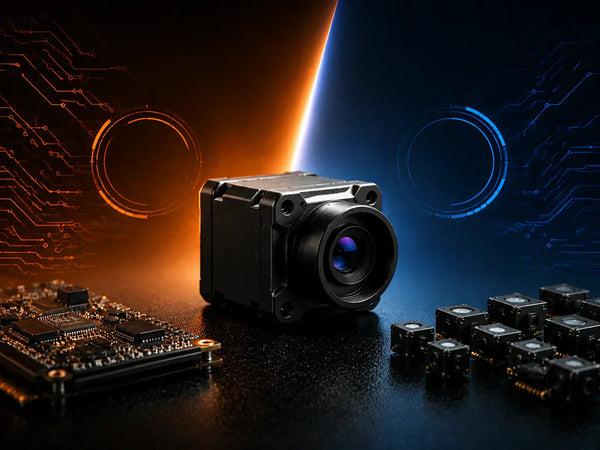 VOx microbolometer sensor core and cryocooled MWIR thermal camera module side by side — MTBF vs MTTF reliability evaluation guide for thermal modules ODM manufacturers