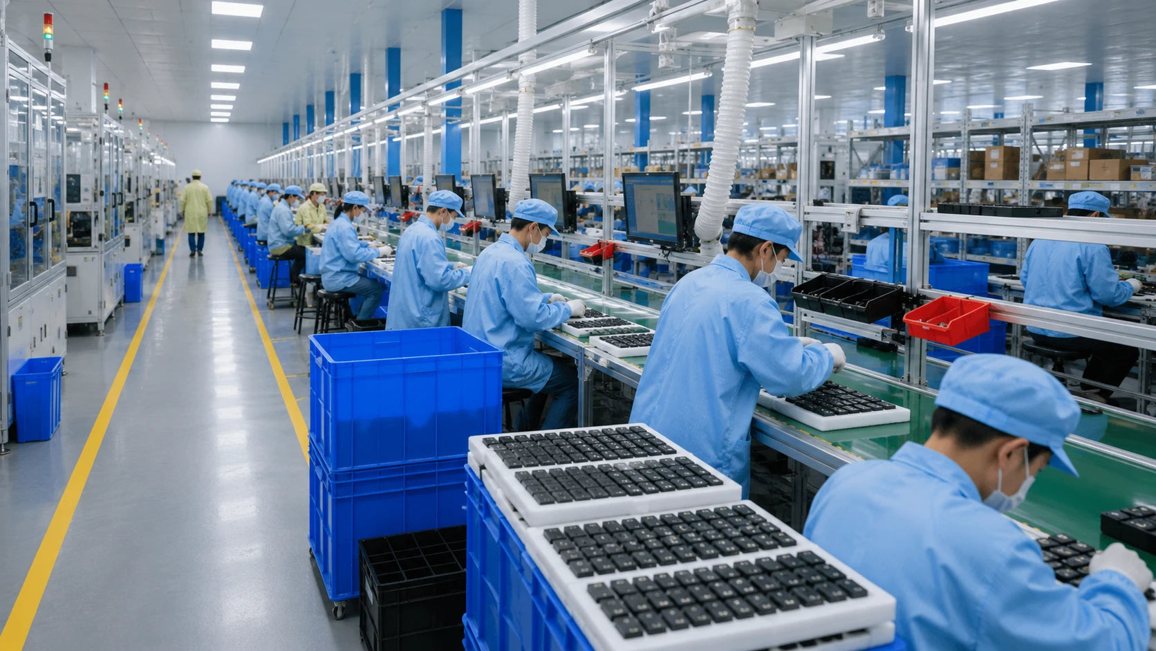 A photo showing the production process of thermal imaging modules on a factory assembly line
