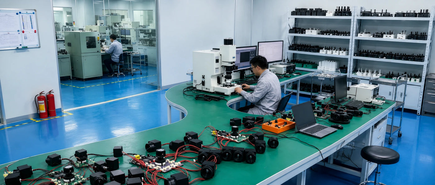 Engineers calibrating a VOx uncooled focal plane array in the lab