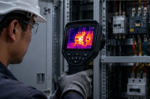 A maintenance technician is using a handheld thermal imager to inspect equipment