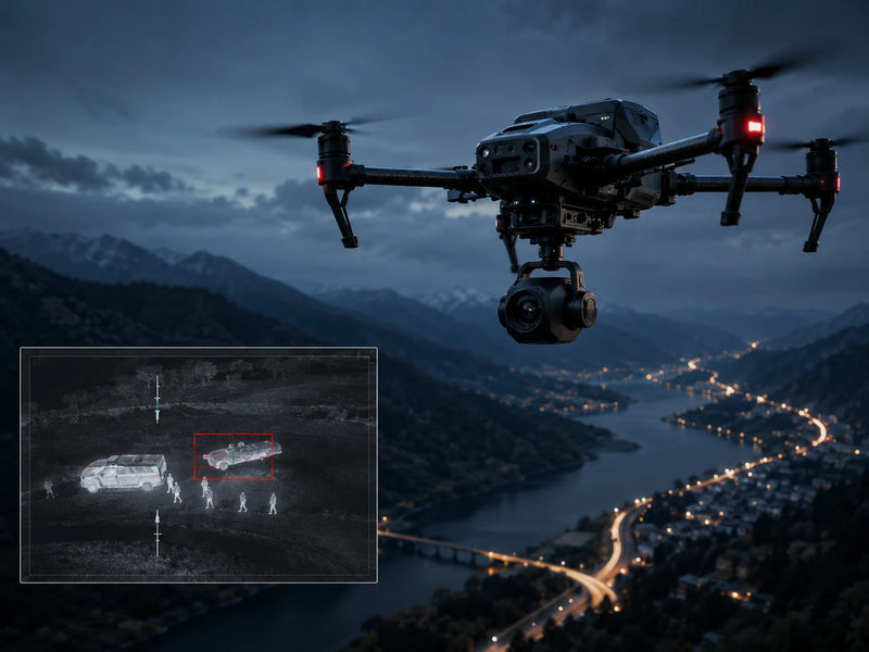 A thermal imaging drone captures thermal images of vehicles and pedestrians on the ground from a height of 100 meters
